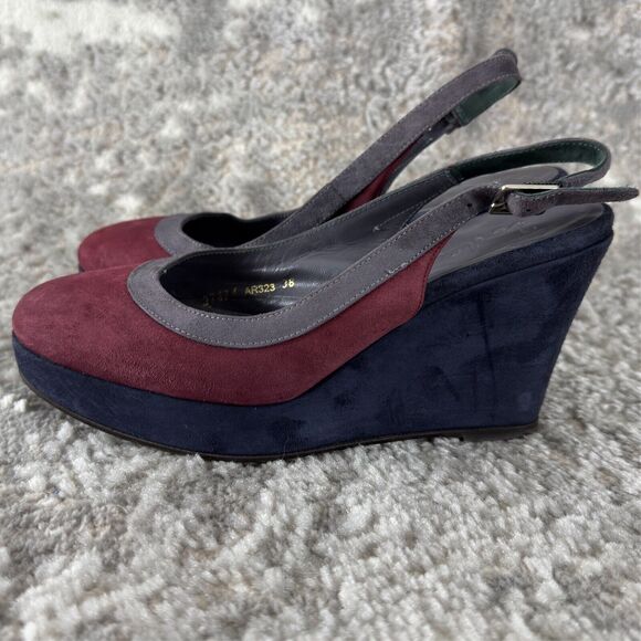 Boden Sz 36 (6) Suede Jewel-Tone Colorblock Slingback Wedge Heels Navy/Red - Picture 5 of 10